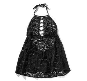 Adore Me Loraina Babydoll Set 1X Black Lace Halter Lingerie NWT Sheer